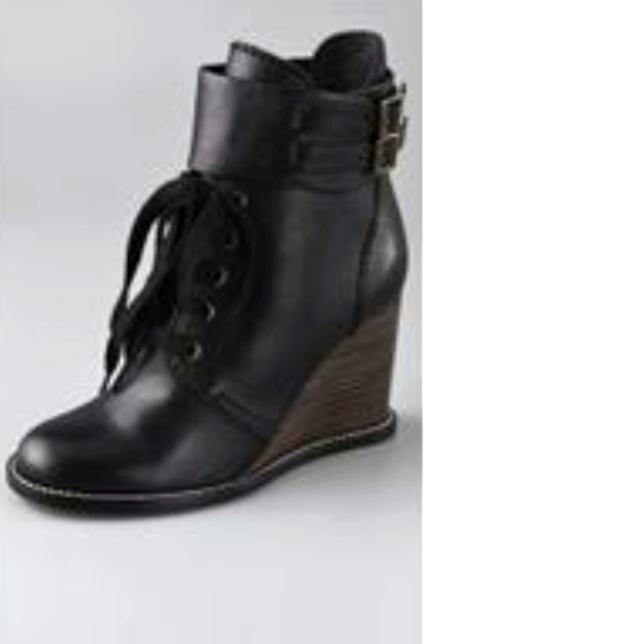 See By Chloe Shoes - SEE BY CHLOE BLACK LEATHER LACE-UP DOUBLE BUCKLE WEDGE ANKLE BOOTIES SIZE 39